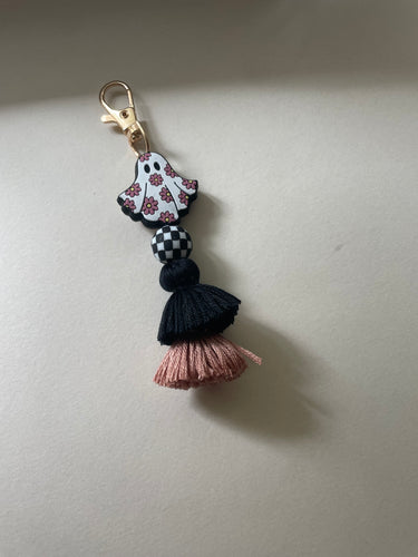 Floral Ghost/ checker Beaded Tassel Keychain