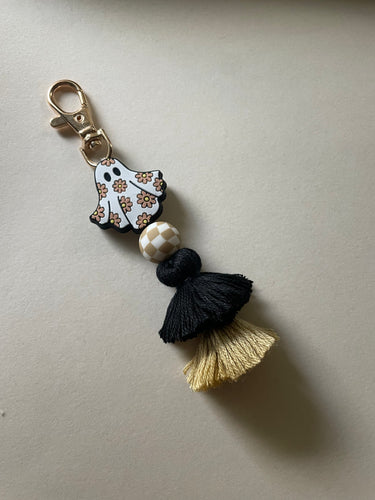 Checked, floral ghost beaded keychain- cute ghost keychain