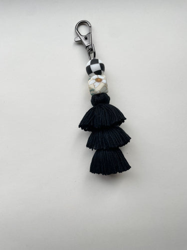 All Black- floral/ Checker tassel